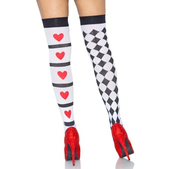 Queen of Heart and Harlequin Print Stockings 2-Pack Women OS Costume Thigh Highs - Picture 5 of 7